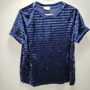 Everly Blue Velour Velvet short Sleeve top womens L Stripe side slits @ hip